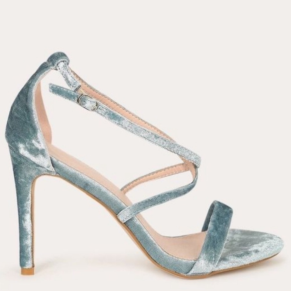Velvet Crisscross Blue Heels Sz 8 , Sz 5,5 NEW - Picture 1 of 13
